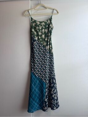 Anthropologie Green & Teal Patchwork Maxi Slip Dress